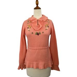 Vintage Eileen Ruffle Collar Embroidered Floral Knit Pink Sweater